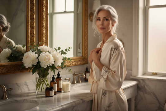 Determined elegant woman in her 50s looking confidently at her reflection in an ornate mirror in a luxurious marble bathroom, wearing a silk robe with fresh flowers on the vanity and warm soft lighting