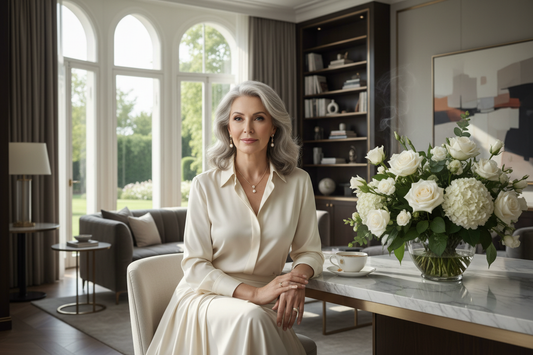  Elegant woman in her 50s in a luxurious home setting looking calm, confident, and in control before the fall season