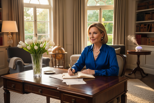 Confident woman in her 50s seated at an elegant desk in a luxury home study with fresh white tulips in a crystal vase, wearing a sophisticated blouse and pearl necklace, warm golden light and radiant focused expression
