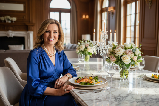 Elegant woman in her 50s enjoying a beautifully presented healthy meal in a luxurious dining room with fresh flowers on a marble table, wearing a sophisticated dress and tasteful jewelry, warm candlelight