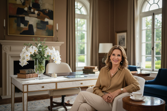 Elegant professional woman in her 50s relaxing in a luxurious home with fresh flowers, soft natural light, tasteful jewelry, and a radiant confident expression