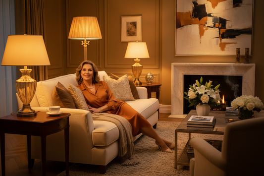 Elegant woman in her late 50s relaxing in a warmly lit luxury living room, soft amber lamp light, silk blouse, gold jewelry, calm serene smile, high-end furnishings and fresh white flowers, sophisticated upscale home setting