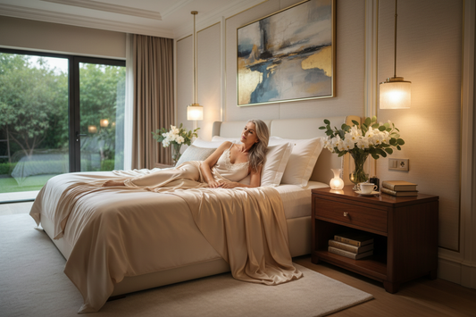Elegant woman in her 50s in a luxurious spa-like bedroom looking serene and rested during late summer
