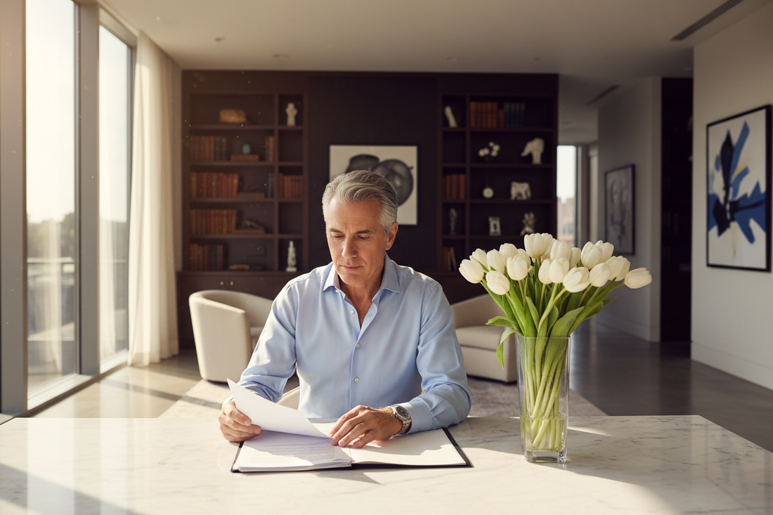 Distinguished man in his 50s seated confidently at a sleek marble desk in a luxurious home office, confident and relaxed, tasteful decor, warm lighting