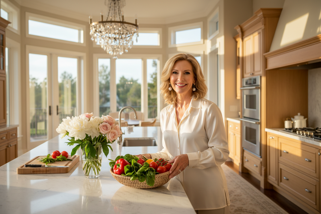 Elegant woman in her 50s standing at a marble kitchen counter in a luxurious home, holding fresh vegetables, wearing a silk blouse and pearl earrings, warm sunlight streaming through large windows, fresh flowers on the counter, radiant healthy appearance