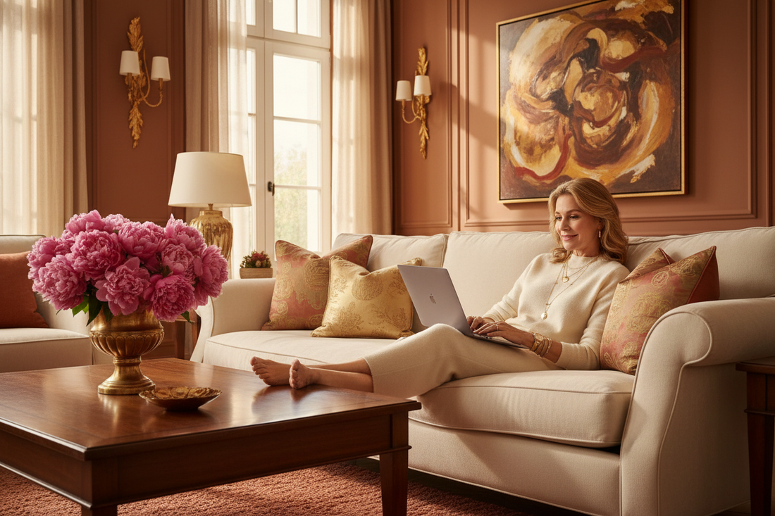  Elegant woman in her 50s working on a laptop from a plush cream sofa in a warm gold and terracotta upscale living room