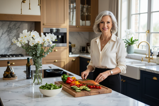 Confident elegant woman in her 50s in a luxurious upscale kitchen with fresh flowers on marble countertop, soft natural light, and radiant healthy appearance