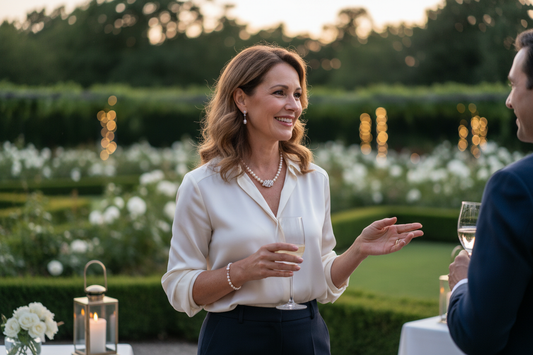 Elegant woman in her 50s at a sophisticated outdoor social gathering looking confident and at ease with healthy choices