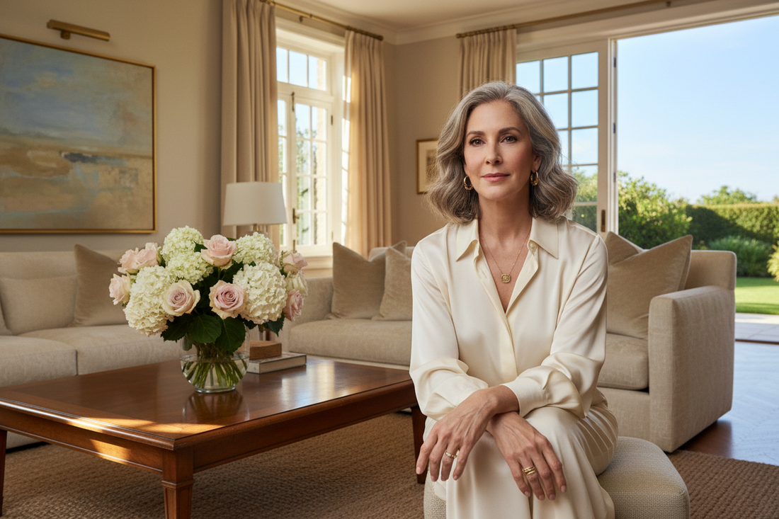  Elegant woman in her 50s sitting peacefully in a luxurious sunlit living room looking reflective serene and quietly confident in a moment of self-care