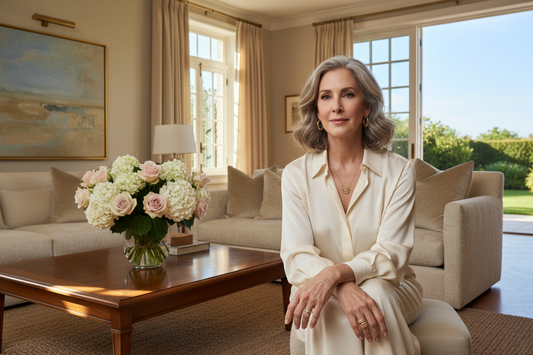  Elegant woman in her 50s sitting peacefully in a luxurious sunlit living room looking reflective serene and quietly confident in a moment of self-care