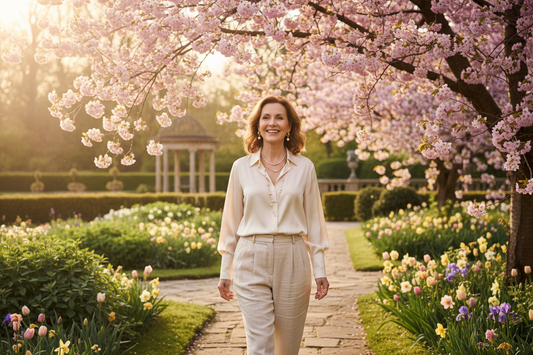 Elegant woman in her 50s walking in a beautiful spring garden with cherry blossoms and golden sunlight