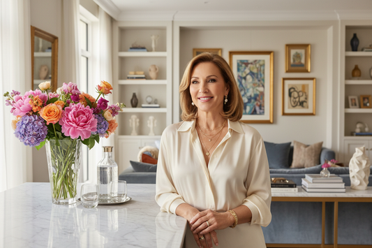 Elegant woman in her late 50s in a beautifully styled bright luxury home, intentional elegant decor, fresh colorful flowers in crystal vase, glass water carafe on marble surface, soft natural daylight, silk blouse, gold jewelry, warm radiant smile