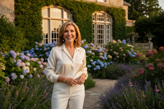 Elegant woman in her 50s standing confidently in a beautiful late summer garden looking radiant energetic and ready to begin a new chapter