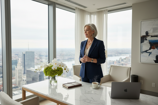  Polished professional woman in her 50s in a luxurious high-rise office with city views, wearing an elegant blazer and pearl jewelry, fresh flowers on a marble desk, confident poised expression
