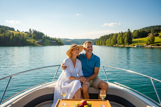 Happy couple on a motorboat on a beautiful lake, boating and weight loss