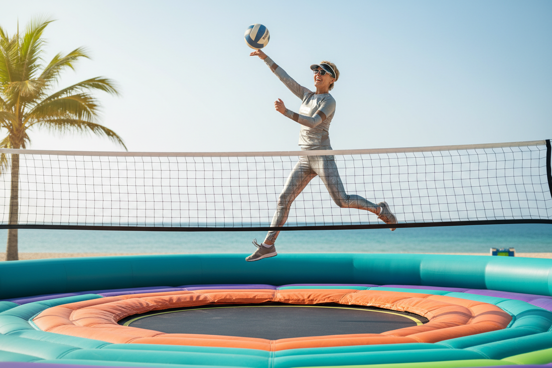Elegant woman playing bossaball on a colorful inflatable trampoline court supporting her weight loss journey with Dr. Donna Restivo