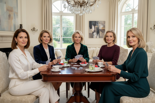 Elegant sophisticated group of women sitting around a beautiful table in an upscale home playing bridge card game, wearing designer clothes, looking slim, healthy and refined, bridge card game and weight loss
