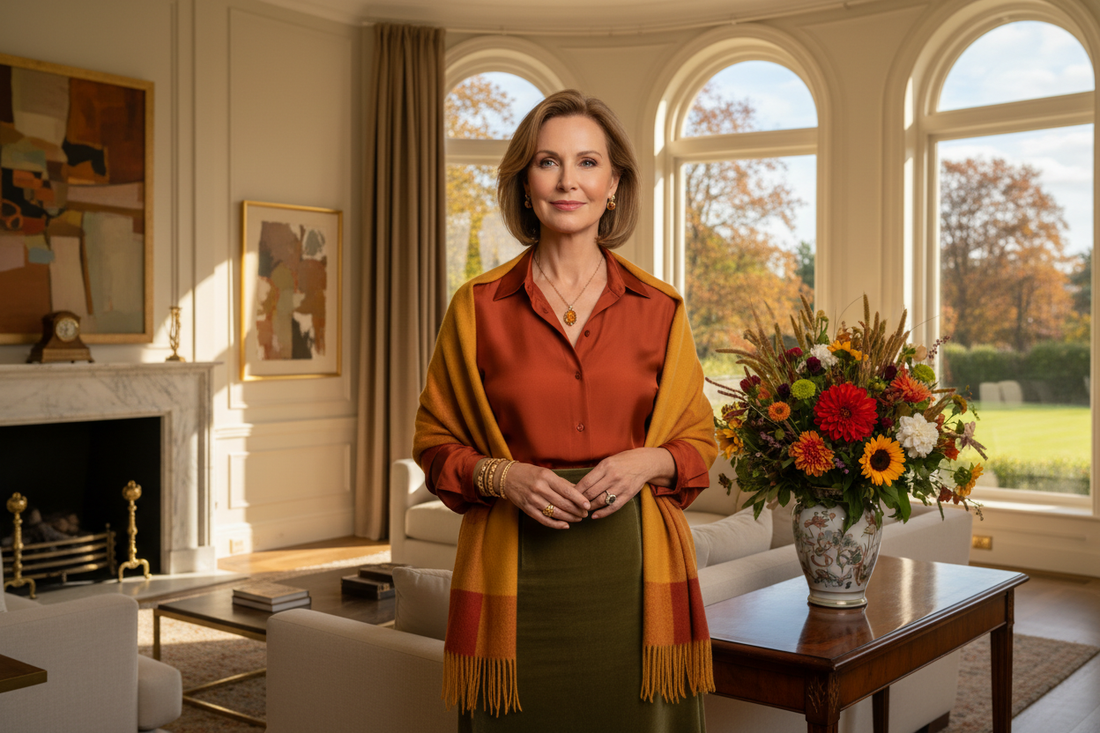 Elegant midlife woman building momentum for fall weight maintenance in her luxurious home while on her doctor-supervised weight loss program