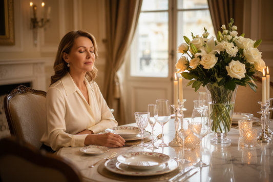 Elegant woman in her 50s sitting peacefully at a beautifully set dining table, soft candlelight and fresh flowers, serene and nourished expression