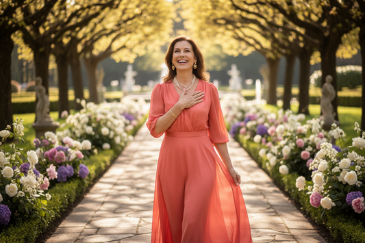 Vibrant elegant woman in her 50s walking through a sunlit luxury garden hand over heart smiling with deep gratitude for her renewed cardiovascular health and vitality