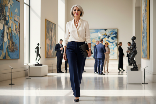  Elegant woman in her 50s walking confidently through a luxurious setting, radiant and powerful in a tailored silk blouse with soft natural light
