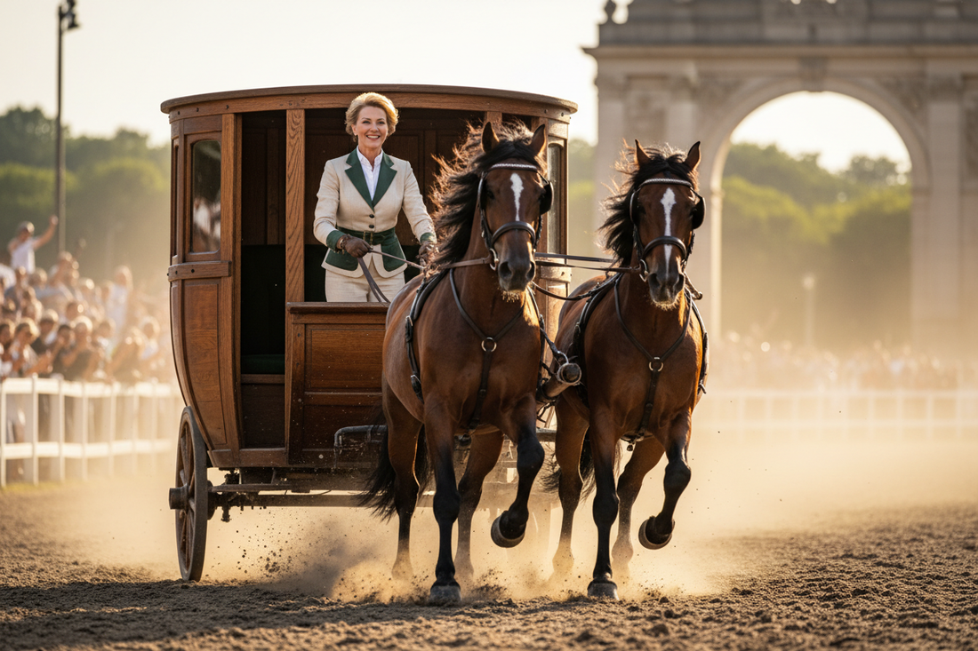 Elegant confident woman riding a magnificent horse at full gallop on a sunlit field, radiant and powerful