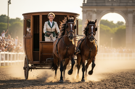 Elegant confident woman riding a magnificent horse at full gallop on a sunlit field, radiant and powerful