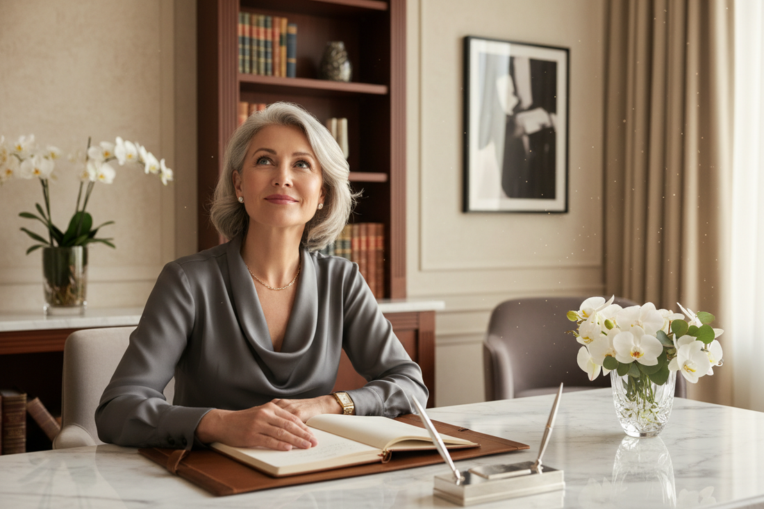 Bright-eyed elegant woman in her 50s at a marble desk looking up with sparkling eyes and joyful mental clarity after brain fog lifts through neurotoxin clearance