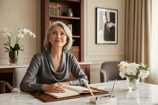 Bright-eyed elegant woman in her 50s at a marble desk looking up with sparkling eyes and joyful mental clarity after brain fog lifts through neurotoxin clearance