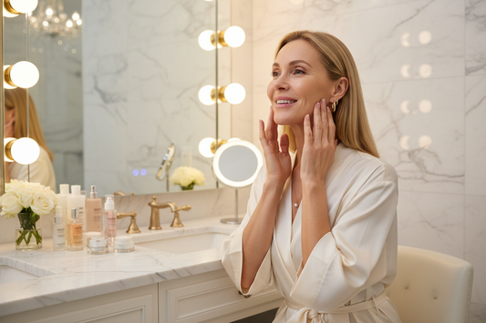  Radiant elegant woman in her 50s at a marble vanity pressing fingertips to her glowing plump skin with pure wonder as collagen production is beautifully restored and renewed