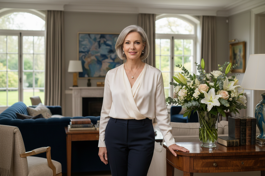  Elegant woman in her 50s standing peacefully in a luxurious upscale home, serene and self-assured in soft natural light with fresh flowers nearby