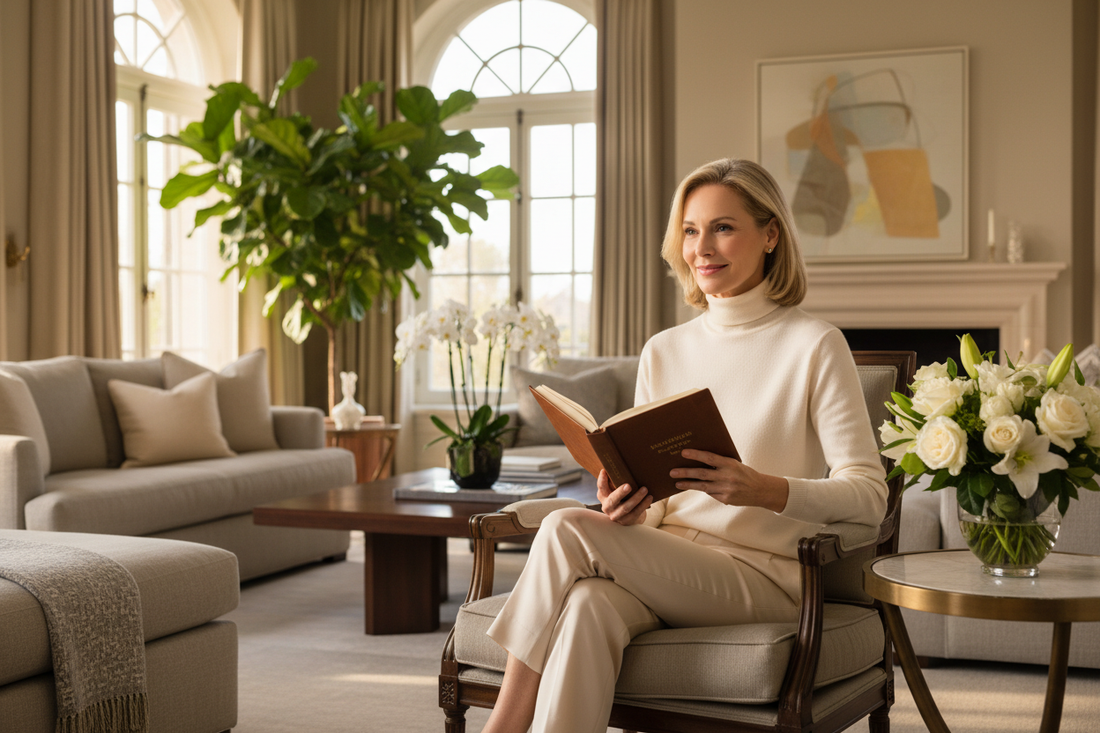 Vibrant elegant woman in her 50s reading contentedly in a sunlit luxury living room, glowing with whole-body health as every organ is supported through each phase of a comprehensive doctor-supervised homeopathic weight loss program