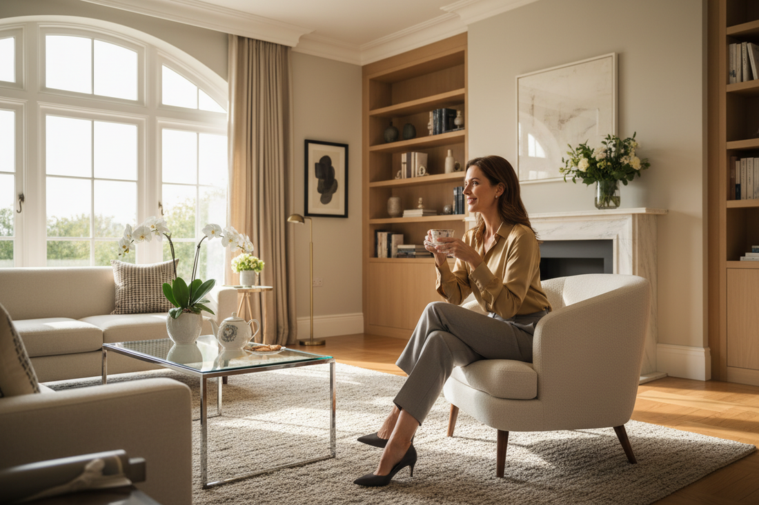 Elegant and content woman in her late 40s sitting in a beautifully lit upscale living room, representing the comprehensive nutritional, medical, and structural support that produces lasting weight loss results through Dr. Restivo's 14-week program.