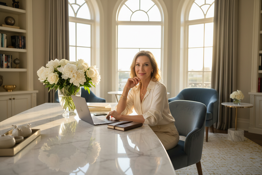 Elegant woman in her 50s sitting calmly in a sunlit luxurious home office with fresh flowers and marble accents