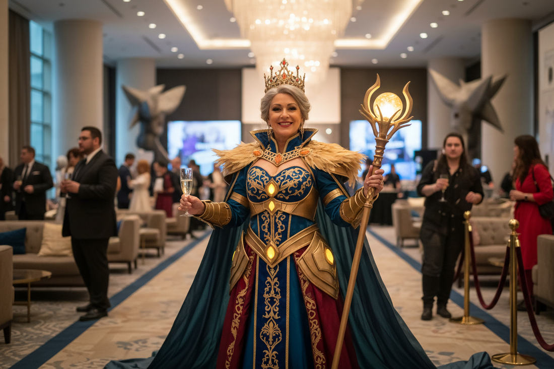 Elegant confident woman in her 50s in a stunning elaborate cosplay costume at an upscale convention setting - Doctor-supervised weight loss program for cosplay enthusiasts