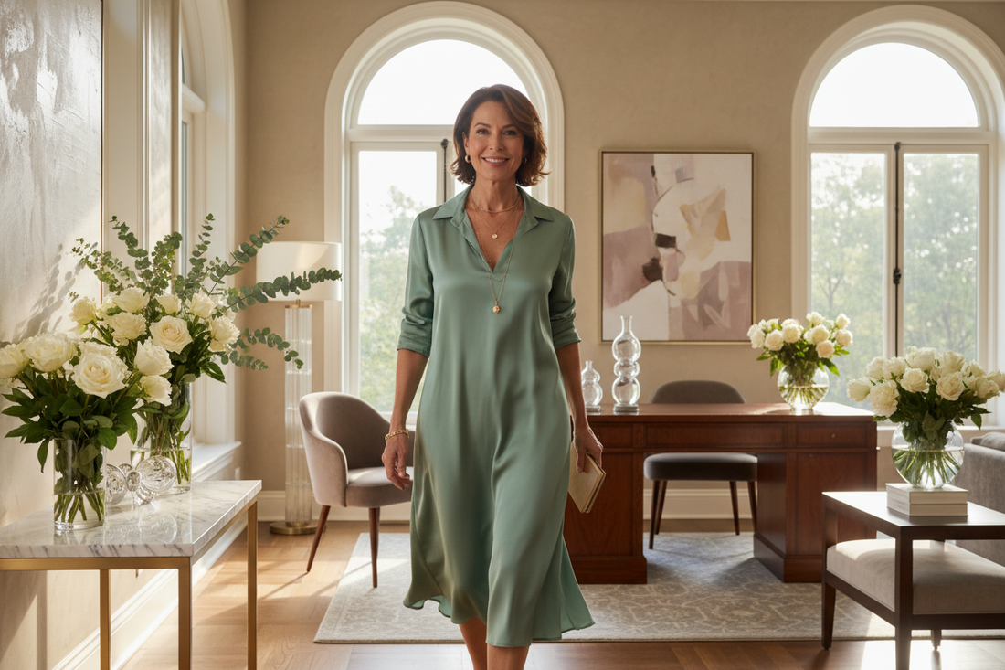 Elegant woman in her 50s moving through a luxurious sunlit home with effortless grace, radiant glowing skin, warm confident smile, silk blouse in soft sage green, tasteful gold jewelry, fresh flowers, warm morning light
