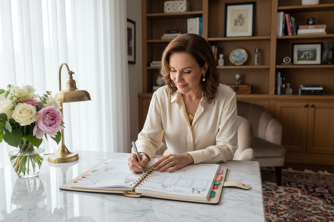 Elegant woman in her 50s reviewing a beautifully organized planner at a luxurious marble desk, radiant and focused with soft natural light and fresh flowers