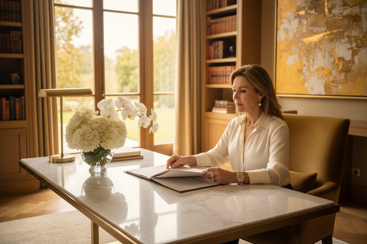Elegant woman in her 50s working calmly at a luxurious home office desk with fresh flowers and soft natural light, representing focused deadline management and weight loss success with Dr. Restivo's doctor-supervised program