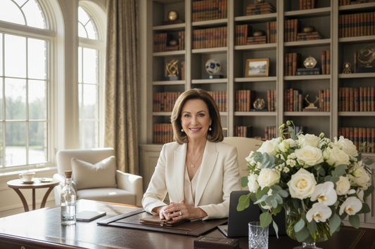  Elegant woman in her 50s sitting with perfect posture at a luxurious home office desk, confident and radiant