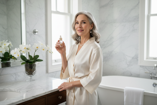 Elegant woman in a luxurious spa setting holding detox drops with radiant glowing skin supporting deep cellular detoxification and weight loss with Dr. Donna Restivo's doctor-supervised program