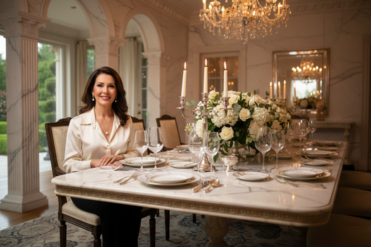 Elegant woman in her 50s seated at a beautifully set luxury dining table with fine china, fresh flowers and soft candlelight, radiant and content in a serene upscale atmosphere