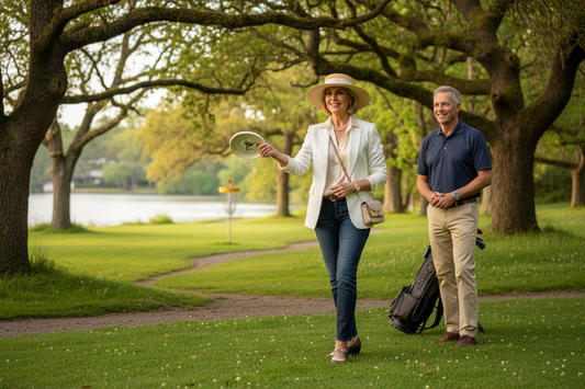 Elegant well-dressed woman in her 50s playing disc golf on a beautiful scenic wooded course - Doctor-supervised weight loss program for disc golf enthusiasts