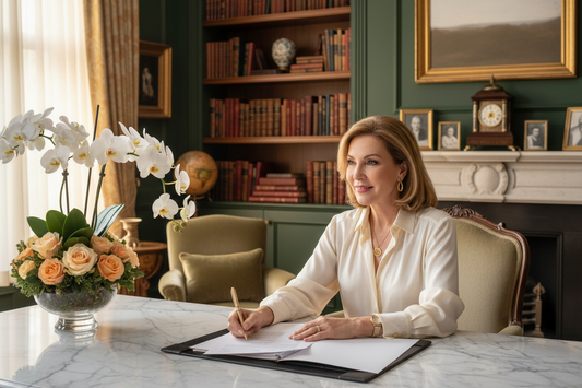  Elegant woman in her 50s seated gracefully at a beautiful marble desk in a luxurious home study, wearing a sophisticated silk blouse and tasteful gold jewelry, soft warm lighting, fresh flowers, radiant confident expression, high-end decor