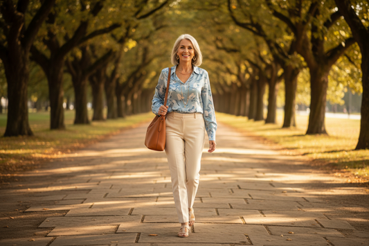 Elegant woman in her 50s walking confidently along a luxurious tree-lined path in late summer golden light, radiant healthy glow, silk blouse, and tasteful jewelry