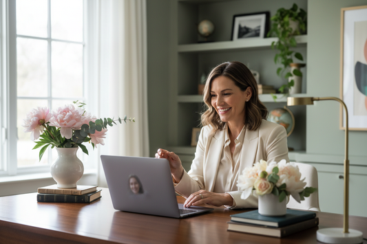 Confident and poised woman in her late 40s having a remote doctor consultation on her laptop in a beautifully appointed home office, representing the consistent doctor involvement and personalized oversight in Dr. Restivo's 14-week weight loss program.