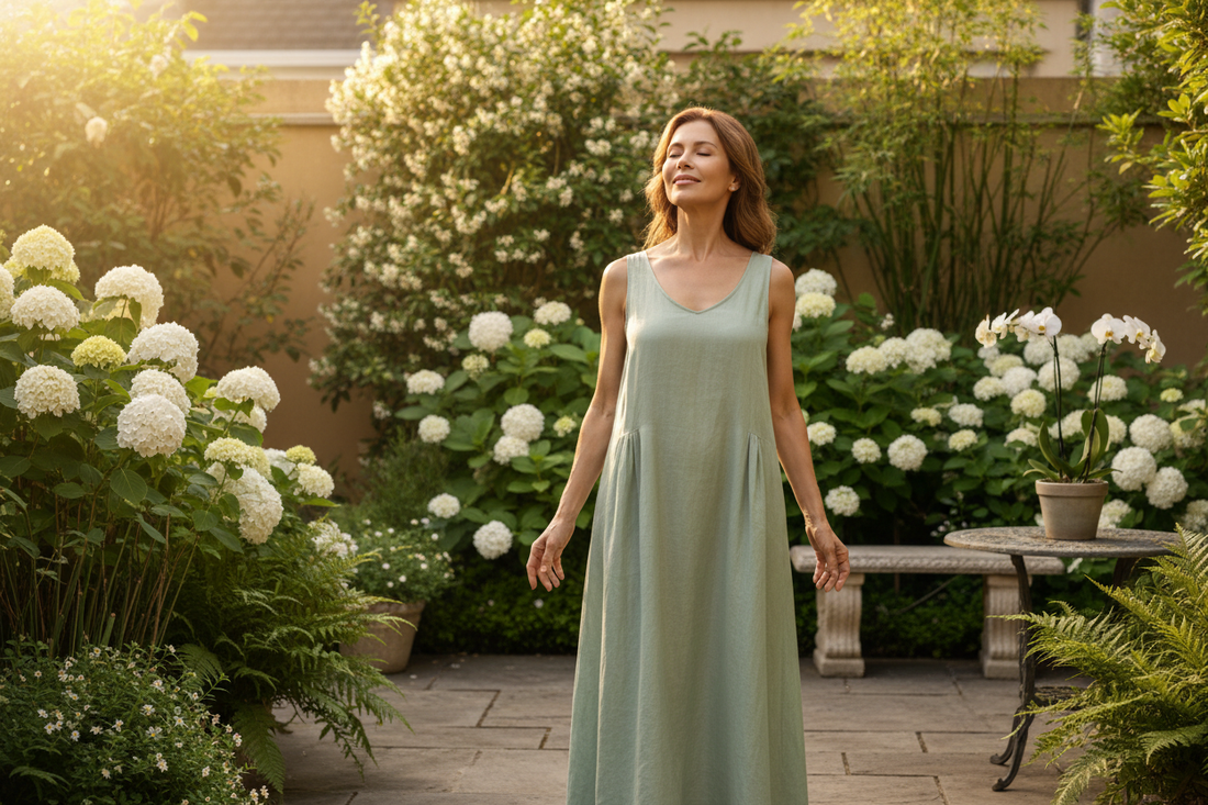 Radiant elegant woman in her 50s standing in a sunlit luxury garden glowing with inner purity and effortless slimness, experiencing cleaner healthier fat loss through doctor-supervised homeopathic toxin mobilization