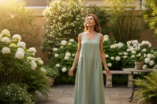Radiant elegant woman in her 50s standing in a sunlit luxury garden glowing with inner purity and effortless slimness, experiencing cleaner healthier fat loss through doctor-supervised homeopathic toxin mobilization