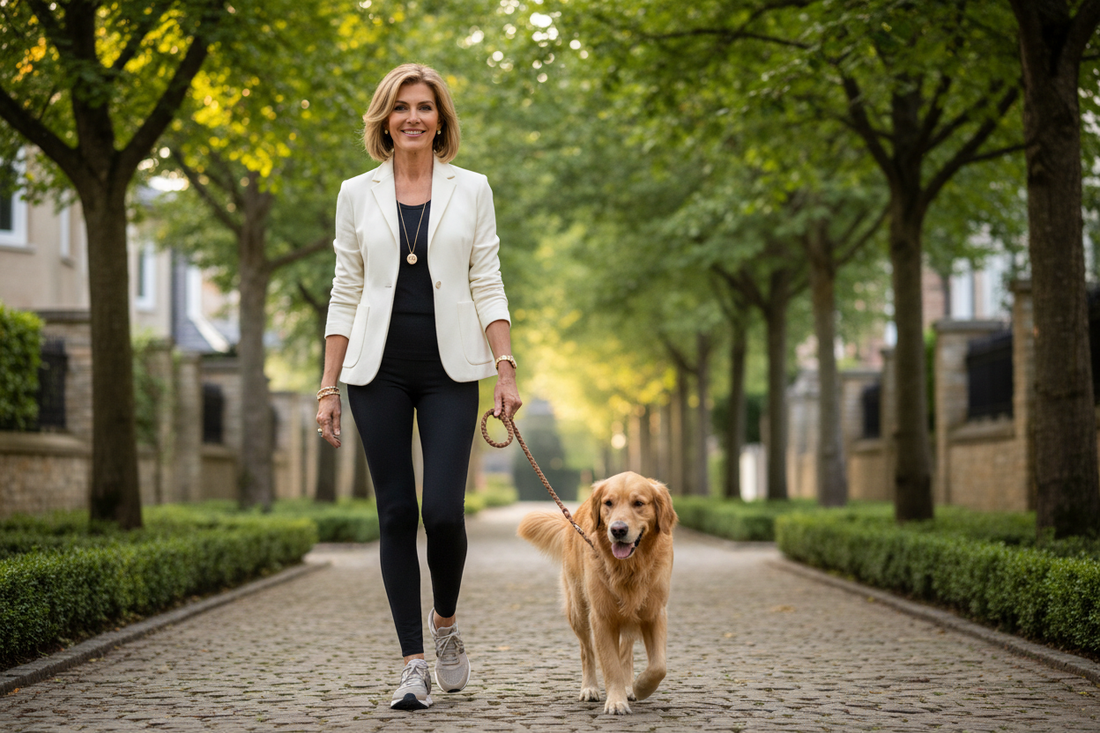 Elegant, confident woman in high-end activewear walking a beautiful dog on a tree-lined path, looking radiant and healthy, embodying the joy and weight loss benefits of dog walking"