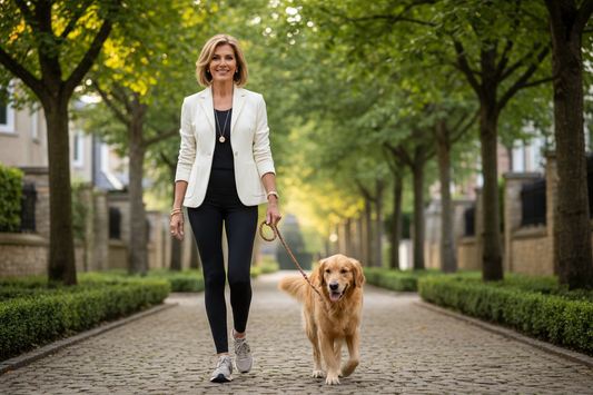 Elegant, confident woman in high-end activewear walking a beautiful dog on a tree-lined path, looking radiant and healthy, embodying the joy and weight loss benefits of dog walking"