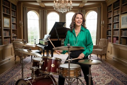 Elegant affluent woman in her 50s playing drums with joy and energy in a beautiful upscale music room, radiant and confident, representing the calorie-burning and stress-relief benefits of drumming for weight loss